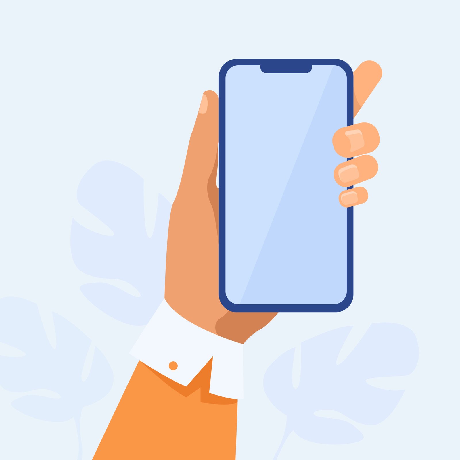 Human hand holding mobile phone Human hand holding mobile phone. Person using apps on smartphone flat vector illustration. Technology concept for banner, website design or landing web page